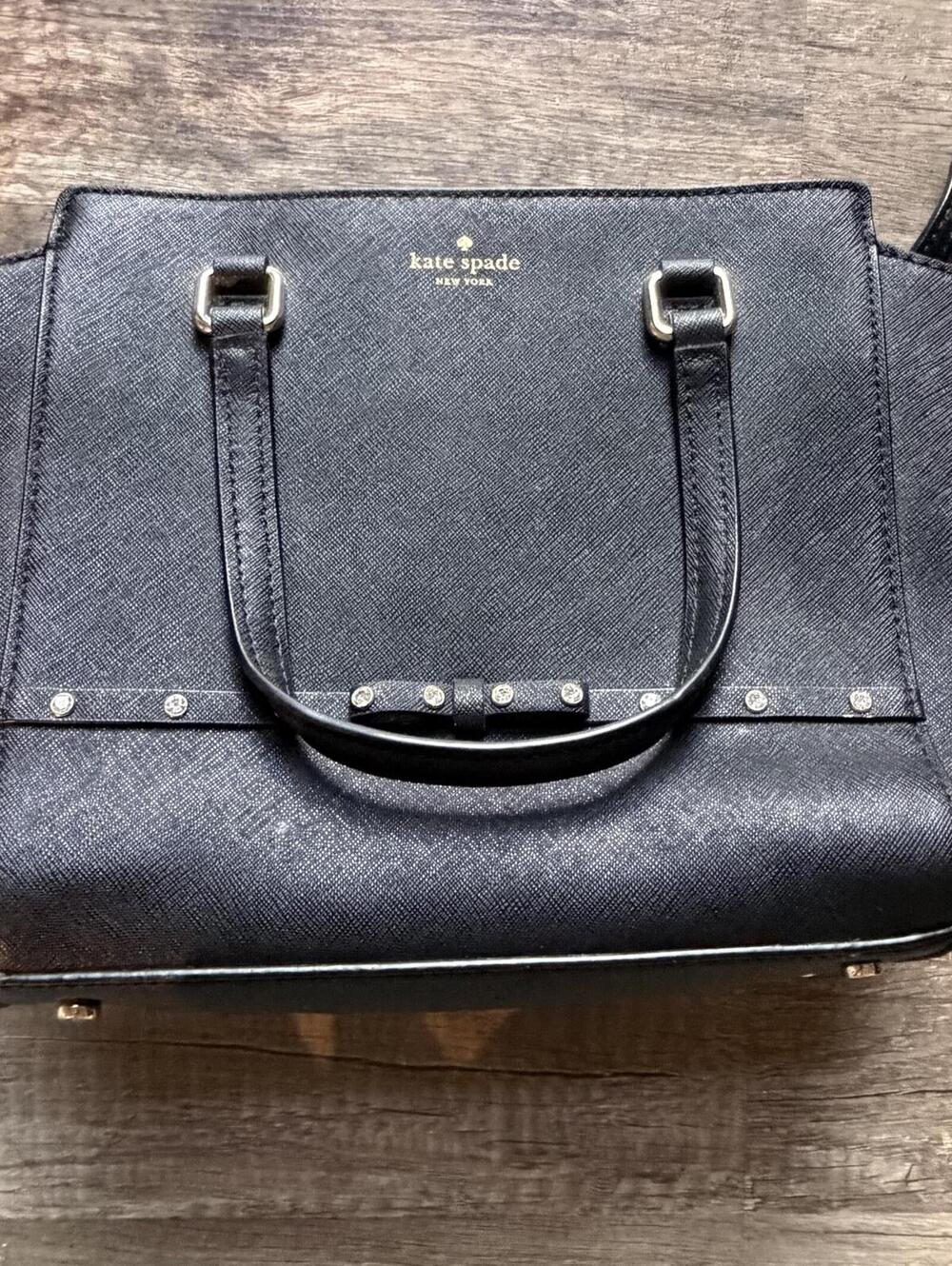 Kate Spade Black Leather Satchel with Studded Bow Charm